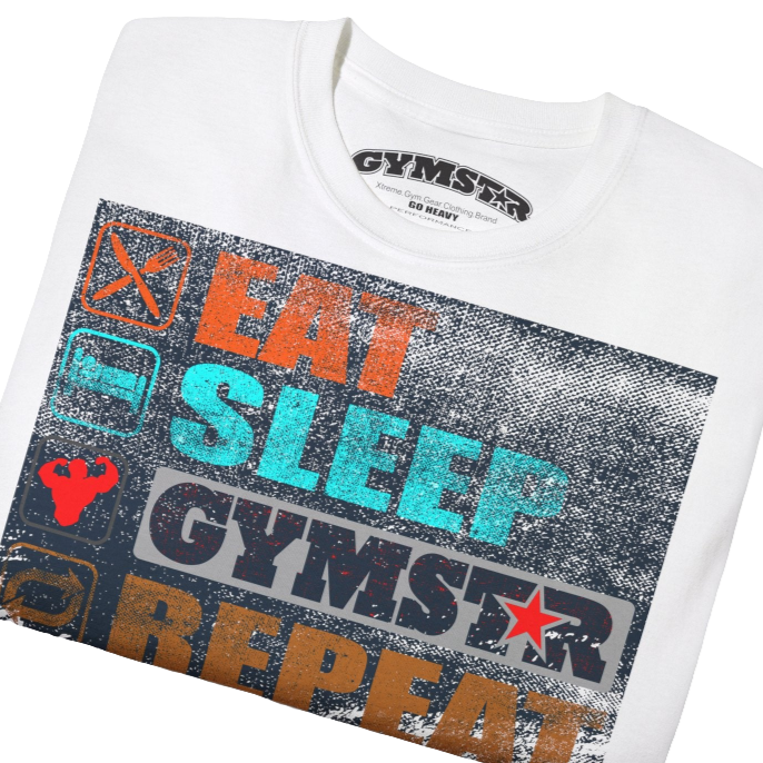 A white sports t-shirt from Gymstar with a modern and motivational design. The chest features a large, colorful print with "EAT," "SLEEP," "GYMSTAR," and "REPEAT" text, each with an icon. This t-shirt is perfect for anyone living a fitness lifestyle and looking for comfortable and stylish apparel for workouts or daily wear. Close up view.
