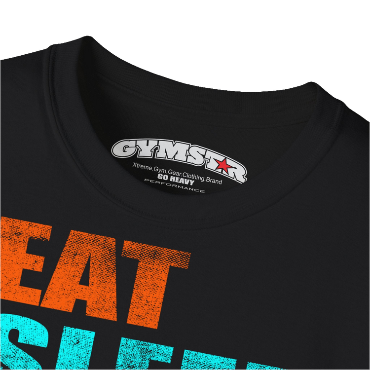 A black sports t-shirt from Gymstar with a modern and motivational design. The chest features a large, colorful print with "EAT," "SLEEP," "GYMSTAR," and "REPEAT" text, each with an icon. This t-shirt is perfect for anyone living a fitness lifestyle and looking for comfortable and stylish apparel for workouts or daily wear. Logo Close up view.
