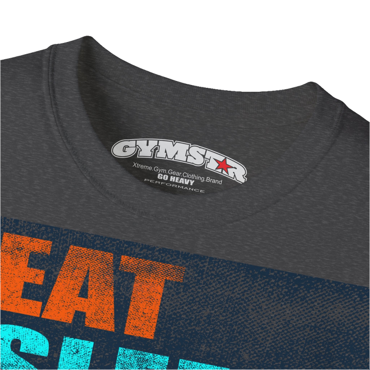 A grey sports t-shirt from Gymstar with a modern and motivational design. The chest features a large, colorful print with "EAT," "SLEEP," "GYMSTAR," and "REPEAT" text, each with an icon. This t-shirt is perfect for anyone living a fitness lifestyle and looking for comfortable and stylish apparel for workouts or daily wear. Logo Close up view.