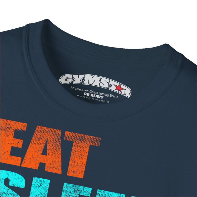 A deep navy sports t-shirt from Gymstar with a modern and motivational design. The chest features a large, colorful print with "EAT," "SLEEP," "GYMSTAR," and "REPEAT" text, each with an icon. This t-shirt is perfect for anyone living a fitness lifestyle and looking for comfortable and stylish apparel for workouts or daily wear.  Logo Close up view.