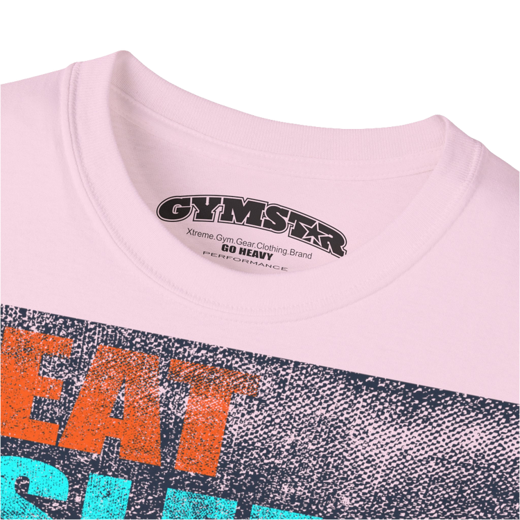 A pink sports t-shirt from Gymstar with a modern and motivational design. The chest features a large, colorful print with "EAT," "SLEEP," "GYMSTAR," and "REPEAT" text, each with an icon. This t-shirt is perfect for anyone living a fitness lifestyle and looking for comfortable and stylish apparel for workouts or daily wear. Logo Close up view.