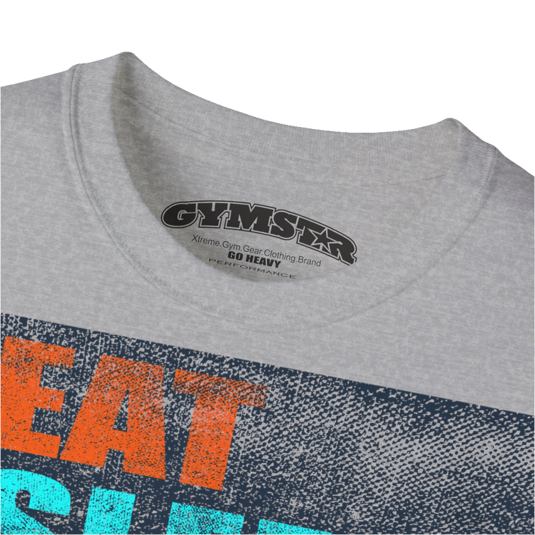 A silver grey sports t-shirt from Gymstar with a modern and motivational design. The chest features a large, colorful print with "EAT," "SLEEP," "GYMSTAR," and "REPEAT" text, each with an icon. This t-shirt is perfect for anyone living a fitness lifestyle and looking for comfortable and stylish apparel for workouts or daily wear. Logo Close up view.