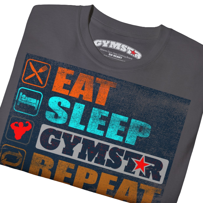 A sports grey sports t-shirt from Gymstar with a modern and motivational design. The chest features a large, colorful print with "EAT," "SLEEP," "GYMSTAR," and "REPEAT" text, each with an icon. This t-shirt is perfect for anyone living a fitness lifestyle and looking for comfortable and stylish apparel for workouts or daily wear. Close up view.