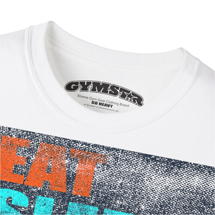 A white sports t-shirt from Gymstar with a modern and motivational design. The chest features a large, colorful print with "EAT," "SLEEP," "GYMSTAR," and "REPEAT" text, each with an icon. This t-shirt is perfect for anyone living a fitness lifestyle and looking for comfortable and stylish apparel for workouts or daily wear. Logo Close up view.