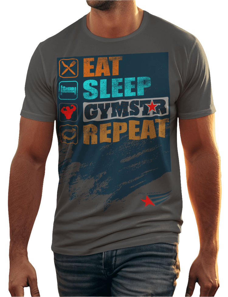 A man wearing sports grey sports t-shirt from Gymstar with a modern and motivational design. The chest features a large, colorful print with "EAT," "SLEEP," "GYMSTAR," and "REPEAT" text, each with an icon. This t-shirt is perfect for anyone living a fitness lifestyle and looking for comfortable and stylish apparel for workouts or daily wear.