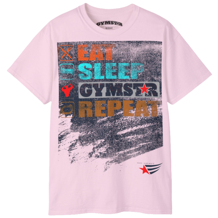A pink sports t-shirt from Gymstar with a modern and motivational design. The chest features a large, colorful print with "EAT," "SLEEP," "GYMSTAR," and "REPEAT" text, each with an icon. This t-shirt is perfect for anyone living a fitness lifestyle and looking for comfortable and stylish apparel for workouts or daily wear.