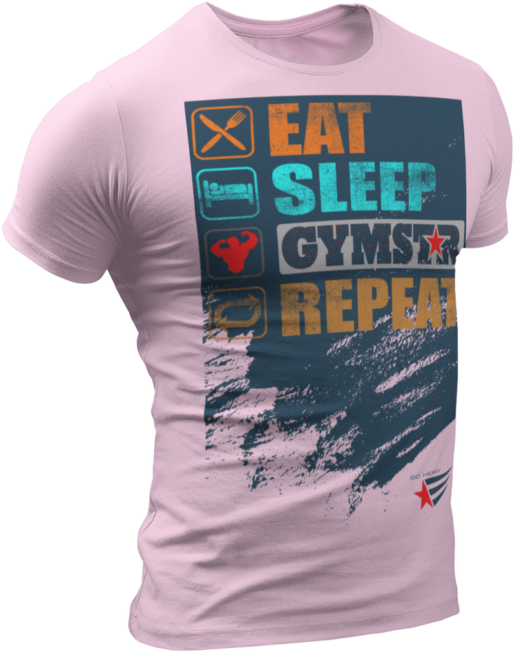The image shows the front of  a pink sports t-shirt Gymstar with the text 'EAT; SLEEP;GYMSTAR;REPEAT' and a graphics and logo.