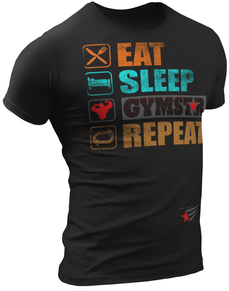 The image shows the front of  a black sports t-shirt Gymstar with the text 'EAT; SLEEP;GYMSTAR;REPEAT' and a graphics and logo.