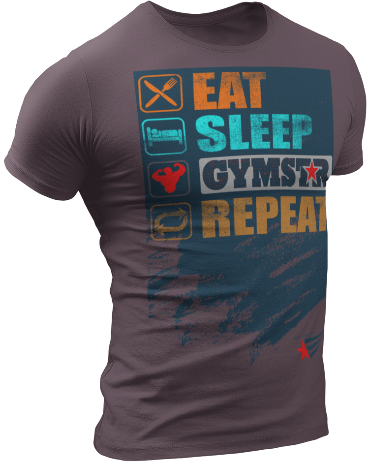 The image shows the front of  a rose sports t-shirt Gymstar with the text 'EAT; SLEEP;GYMSTAR;REPEAT' and a graphics and logo.
