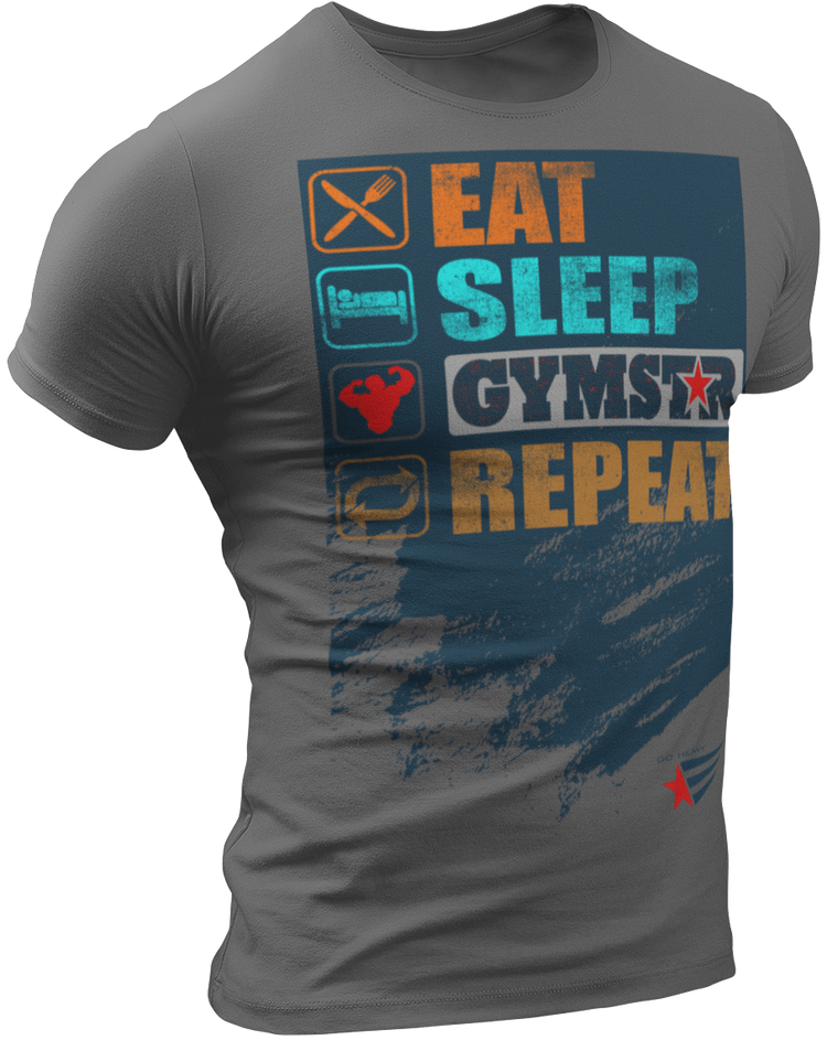 The image shows the front of  a beige sports t-shirt Gymstar with the text 'EAT; SLEEP;GYMSTAR;REPEAT' and a graphics and logo.