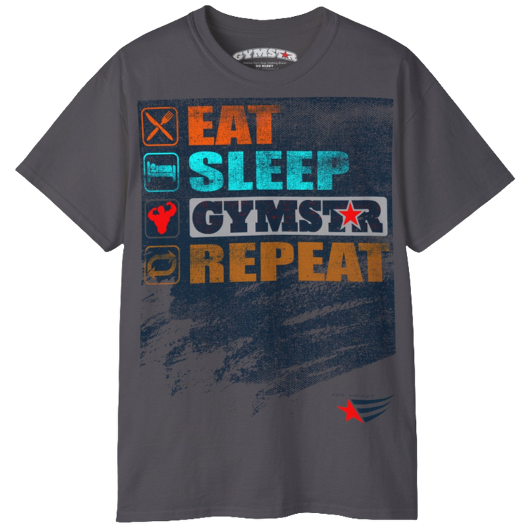 A sports grey sports t-shirt from Gymstar with a modern and motivational design. The chest features a large, colorful print with "EAT," "SLEEP," "GYMSTAR," and "REPEAT" text, each with an icon. This t-shirt is perfect for anyone living a fitness lifestyle and looking for comfortable and stylish apparel for workouts or daily wear.