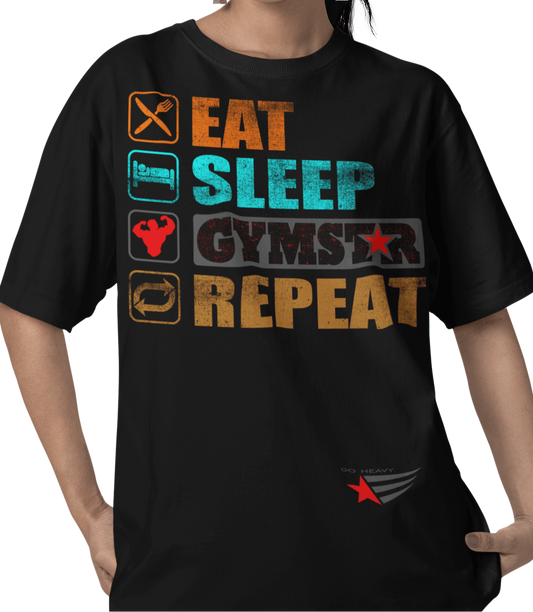The image shows the front of woman wearing a black sports t-shirt Gymstar with the text 'EAT; SLEEP;GYMSTAR;REPEAT' and a graphics and logo.