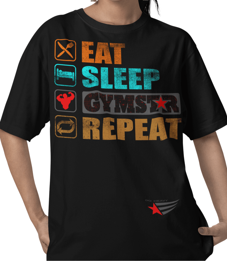 The image shows the front of woman wearing a black sports t-shirt Gymstar with the text 'EAT; SLEEP;GYMSTAR;REPEAT' and a graphics and logo.