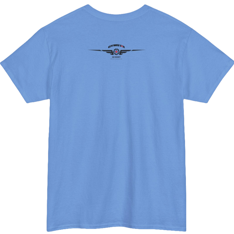 A Carolona blue Gymstar tee with a black graphic that reads 'Heavy Duty', barbell and logo, presumably bodybulding or fitness. Rear view.