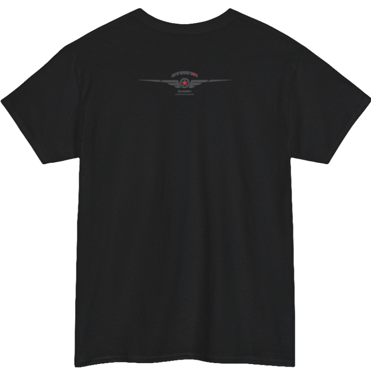 A black Gymstar tee with a black graphic that reads 'Heavy Duty', barbell and logo, presumably bodybulding or fitness. Rear view.