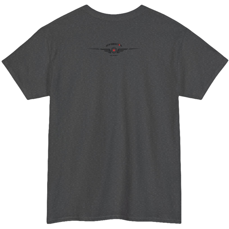 A grey Gymstar tee with a black graphic that reads 'Heavy Duty', barbell and logo, presumably bodybulding or fitness. Rear view.