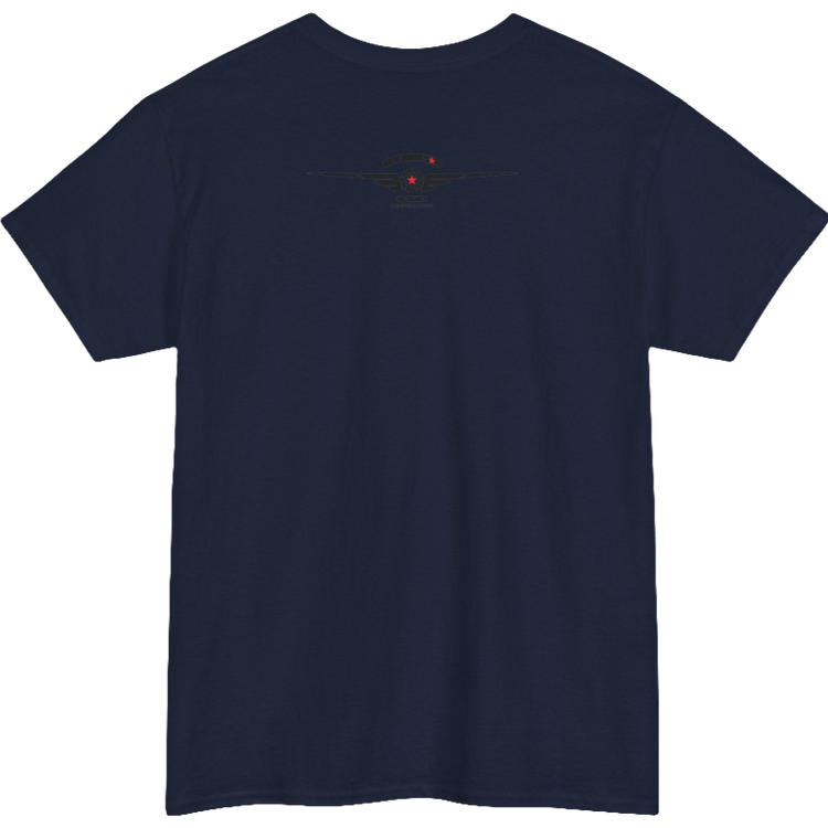 A navy blue Gymstar tee with a black graphic that reads 'Heavy Duty', barbell and logo, presumably bodybulding or fitness. Rear view.