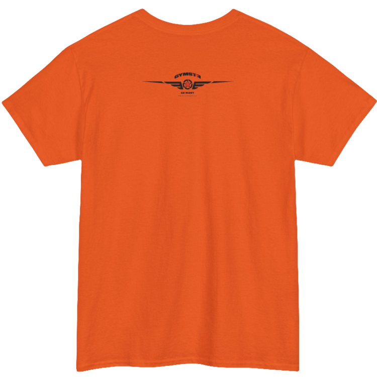 A orange Gymstar tee with a black graphic that reads 'Heavy Duty', barbell and logo, presumably bodybulding or fitness. Rear view.