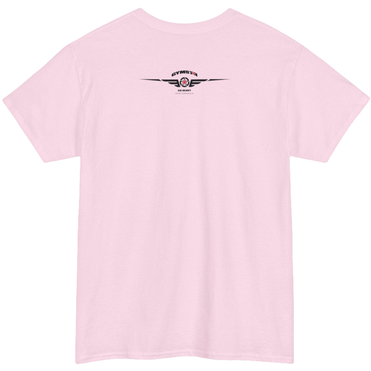 A pink Gymstar tee with a black graphic that reads 'Heavy Duty', barbell and logo, presumably bodybulding or fitness. Rear view.