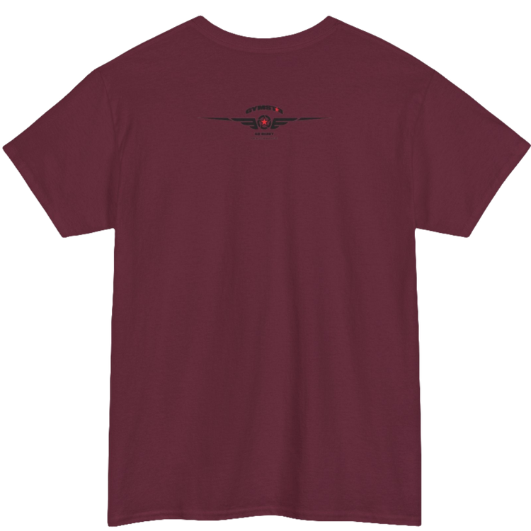 A rubin Gymstar tee with a black graphic that reads 'Heavy Duty', barbell and logo, presumably bodybulding or fitness. Rear view.