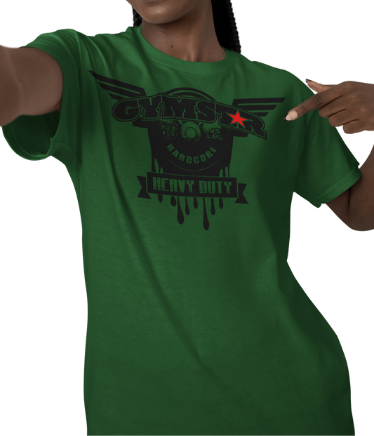 A woman wearing green athletic T-shirt GYMSTAR with black text and graphic on the front reading "HEAVY DUTY" featuring barbell illustration, logo above.