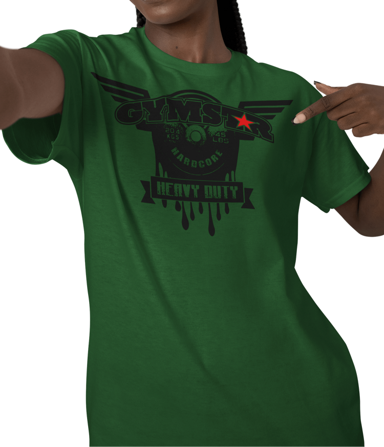 A woman wearing green athletic T-shirt GYMSTAR with black text and graphic on the front reading "HEAVY DUTY" featuring barbell illustration, logo above.