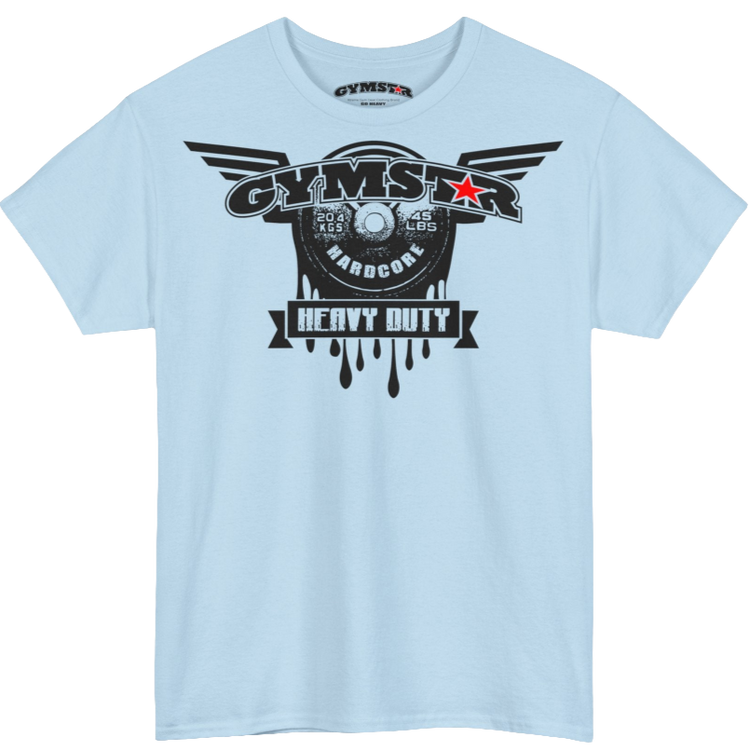A light blue Gymstar tee with a black graphic that reads 'Heavy Duty', barbell and logo, presumably bodybulding or fitness.
