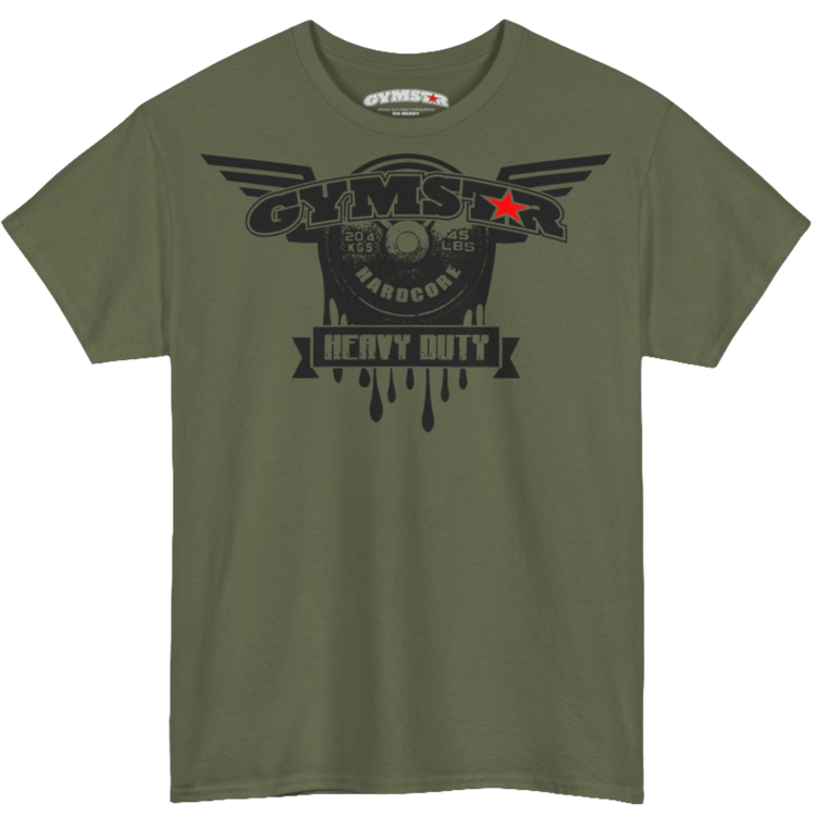 A militari green Gymstar tee with a black graphic that reads 'Heavy Duty', barbell and logo, presumably bodybulding or fitness.