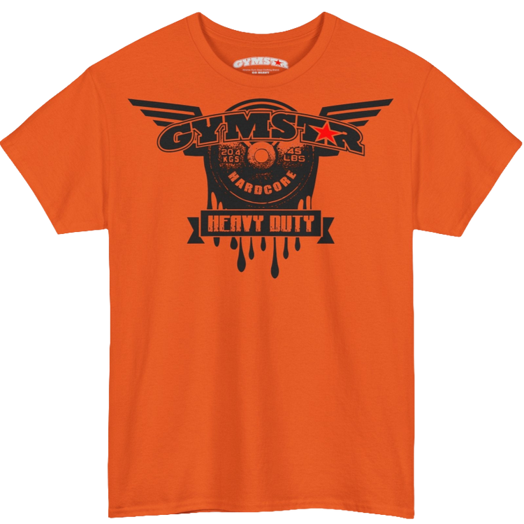 A orange Gymstar tee with a black graphic that reads 'Heavy Duty', barbell and logo, presumably bodybulding or fitness.