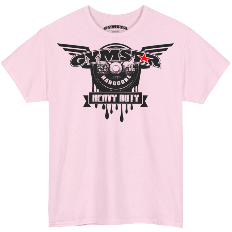 A pink Gymstar tee with a black graphic that reads 'Heavy Duty', barbell and logo, presumably bodybulding or fitness. Rear Logo Close up view.