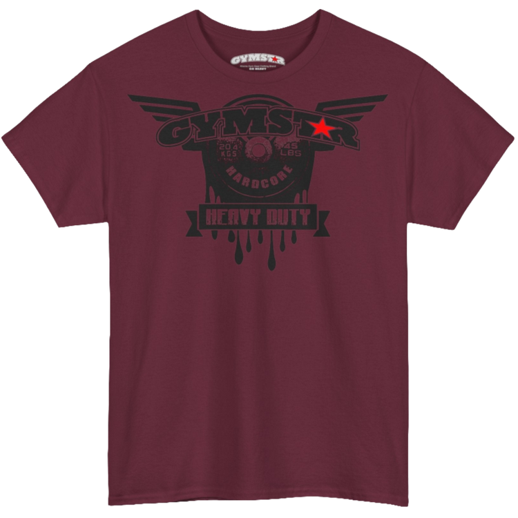 A rubin Gymstar tee with a black graphic that reads 'Heavy Duty', barbell and logo, presumably bodybulding or fitness.