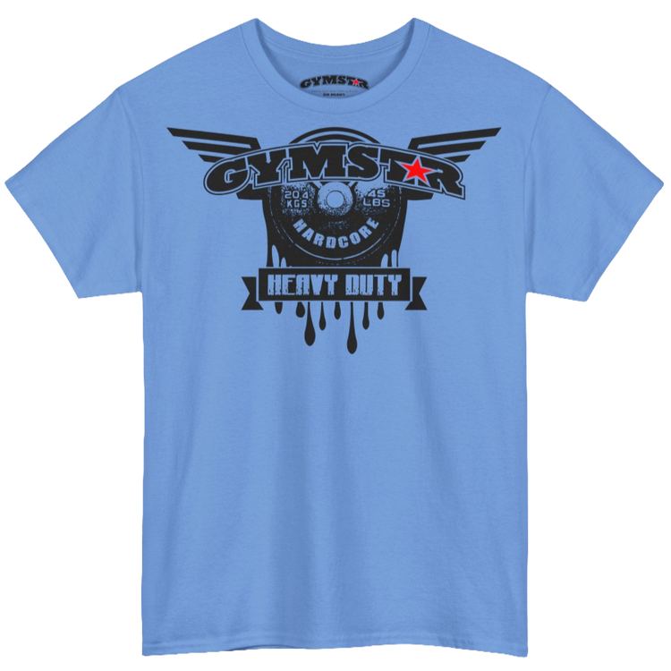 A Carolona blue Gymstar tee with a black graphic that reads 'Heavy Duty', barbell and logo, presumably bodybulding or fitness.