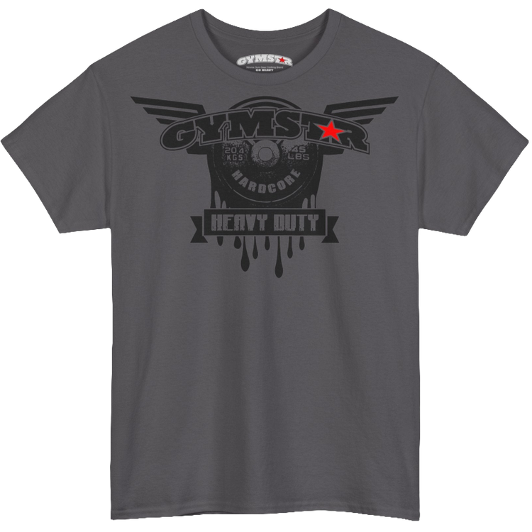 A sport grey Gymstar tee with a black graphic that reads 'Heavy Duty', barbell and logo, presumably bodybulding or fitness.