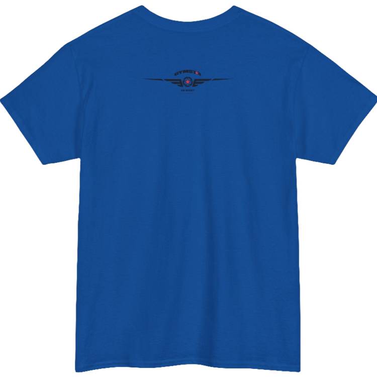 A blue Gymstar workout t-shirt with a black graphic that reads 'GYM i want you', and logo, presumably bodybulding or fitness. Rear view.