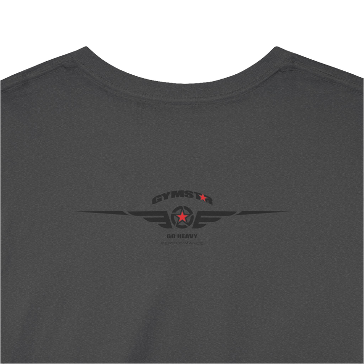 A grey Gymstar workout t-shirt with a black graphic that reads 'GYM i want you', and logo, presumably bodybulding or fitness. Rear Logo Close up view.