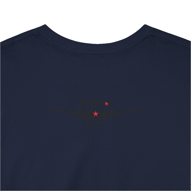 A navy blue Gymstar workout t-shirt with a black graphic that reads 'GYM i want you', and logo, presumably bodybulding or fitness. Rear Logo Close up view.