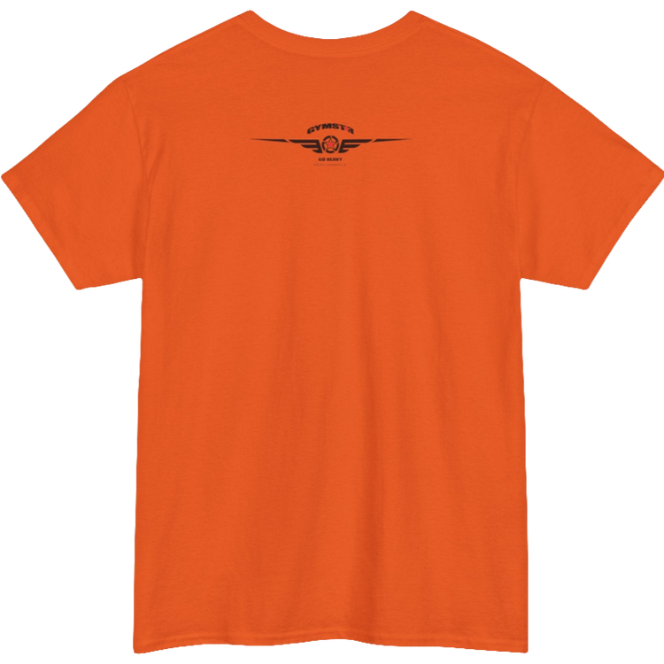 A orange Gymstar workout t-shirt with a black graphic that reads 'GYM i want you', and logo, presumably bodybulding or fitness. Rear view.