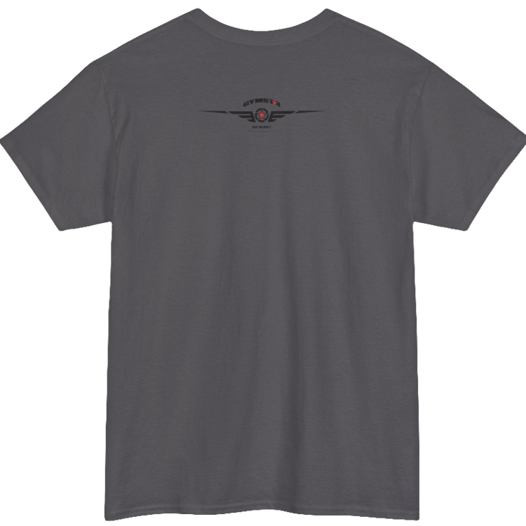 A sport grey Gymstar workout t-shirt with a black graphic that reads 'GYM i want you', and logo, presumably bodybulding or fitness. Rear view.