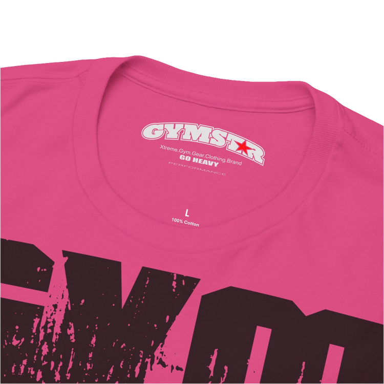A purple Gymstar workout t-shirt with a black graphic that reads 'GYM i want you', and logo, presumably bodybulding or fitness. Logo Close up view.