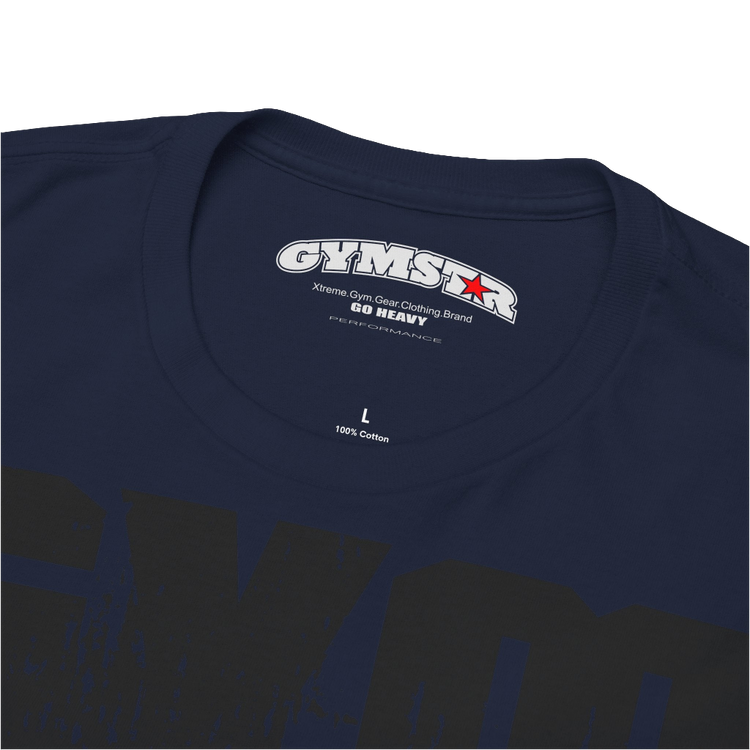 A navy blue Gymstar workout t-shirt with a black graphic that reads 'GYM i want you', and logo, presumably bodybulding or fitness. Logo Close up view.