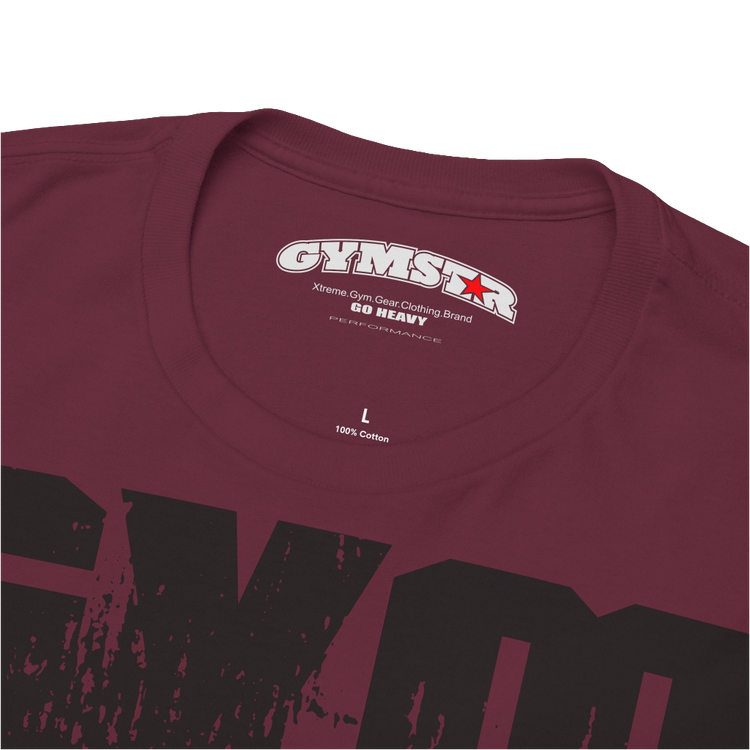 A ruby Gymstar workout t-shirt with a black graphic that reads 'GYM i want you', and logo, presumably bodybulding or fitness. Logo Close up view.