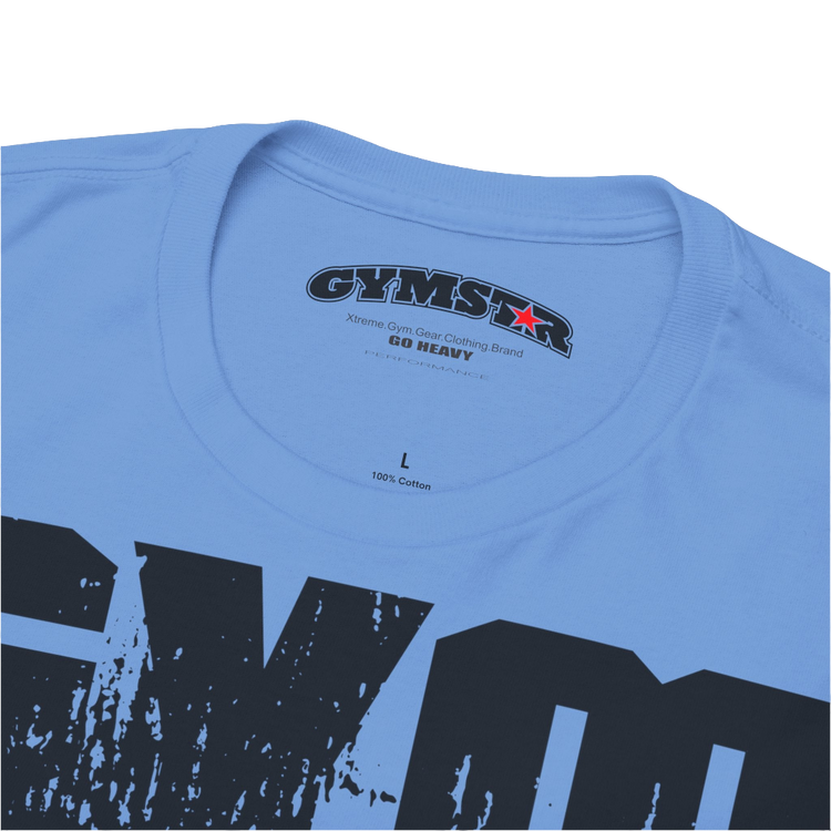 A Carolina blue Gymstar workout t-shirt with a black graphic that reads 'GYM i want you', and logo, presumably bodybulding or fitness. Logo Close up view.
