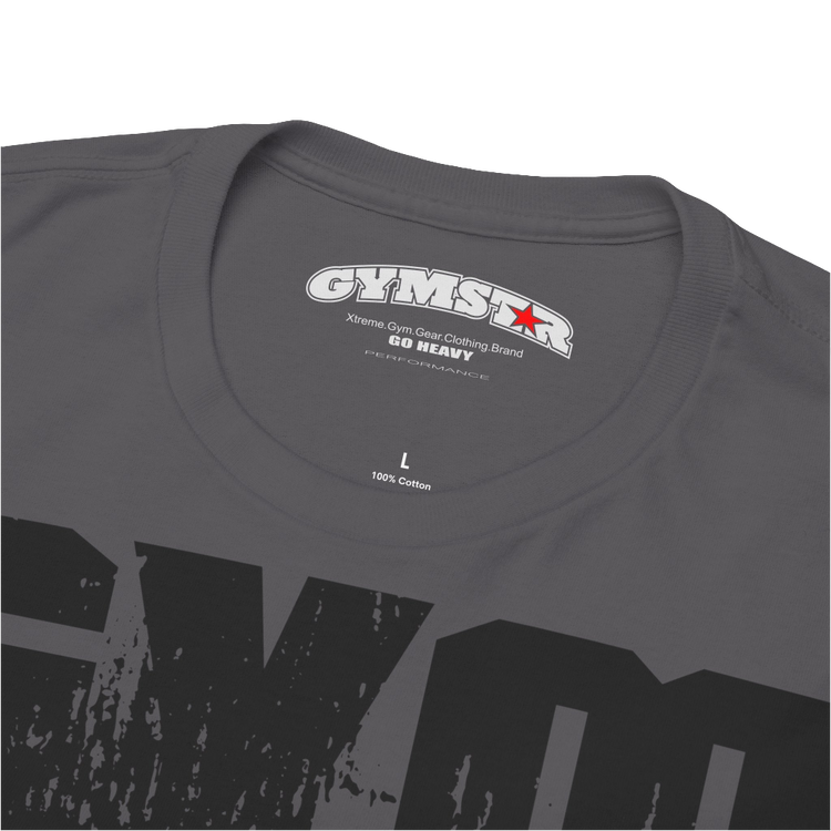 A sport grey Gymstar workout t-shirt with a black graphic that reads 'GYM i want you', and logo, presumably bodybulding or fitness. Logo Close up view.