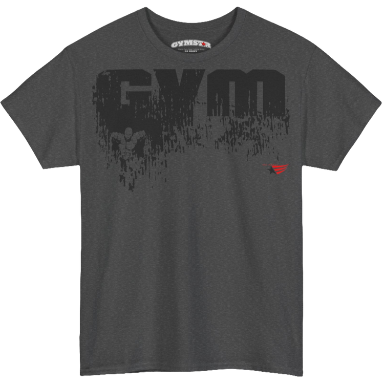 A grey Gymstar workout t-shirt with a black graphic that reads 'GYM i want you', and logo, presumably bodybulding or fitness. Front view.