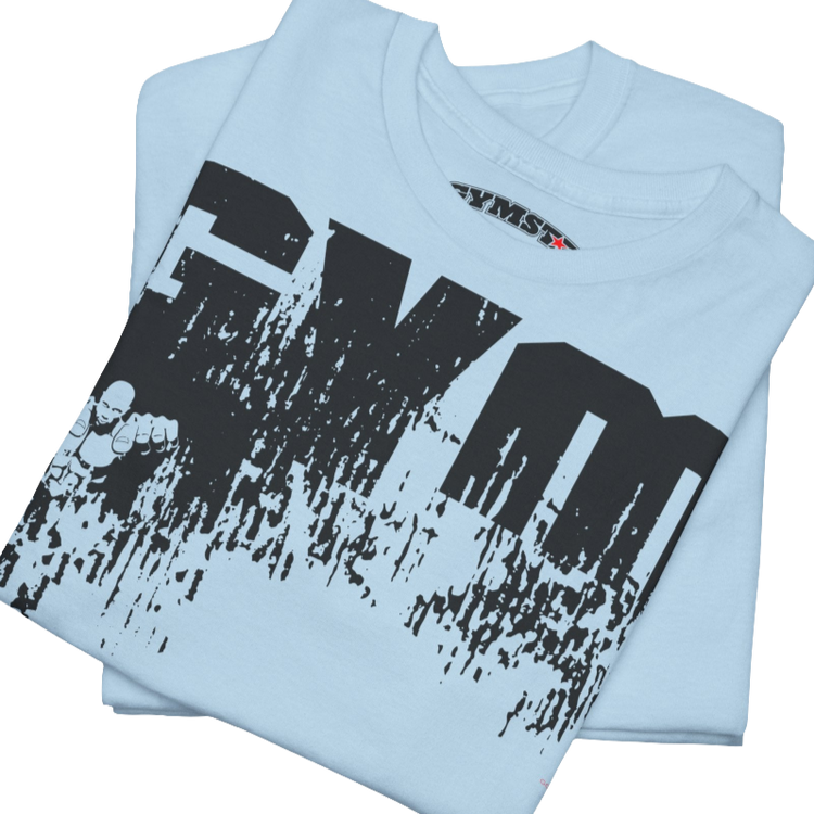 A light blue Gymstar workout t-shirt with a black graphic that reads 'GYM i want you', and logo, presumably bodybulding or fitness. Close up view.