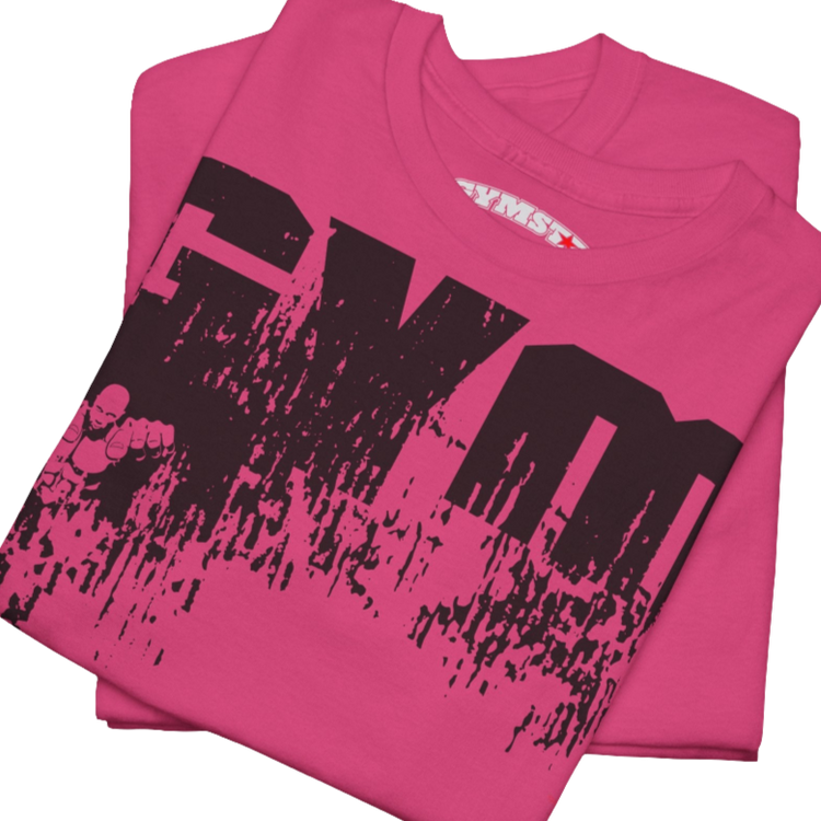 A purple Gymstar workout t-shirt with a black graphic that reads 'GYM i want you', and logo, presumably bodybulding or fitness. Close up view.