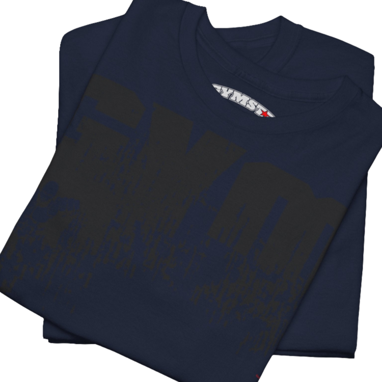 A navy blue Gymstar workout t-shirt with a black graphic that reads 'GYM i want you', and logo, presumably bodybulding or fitness. Close up view.