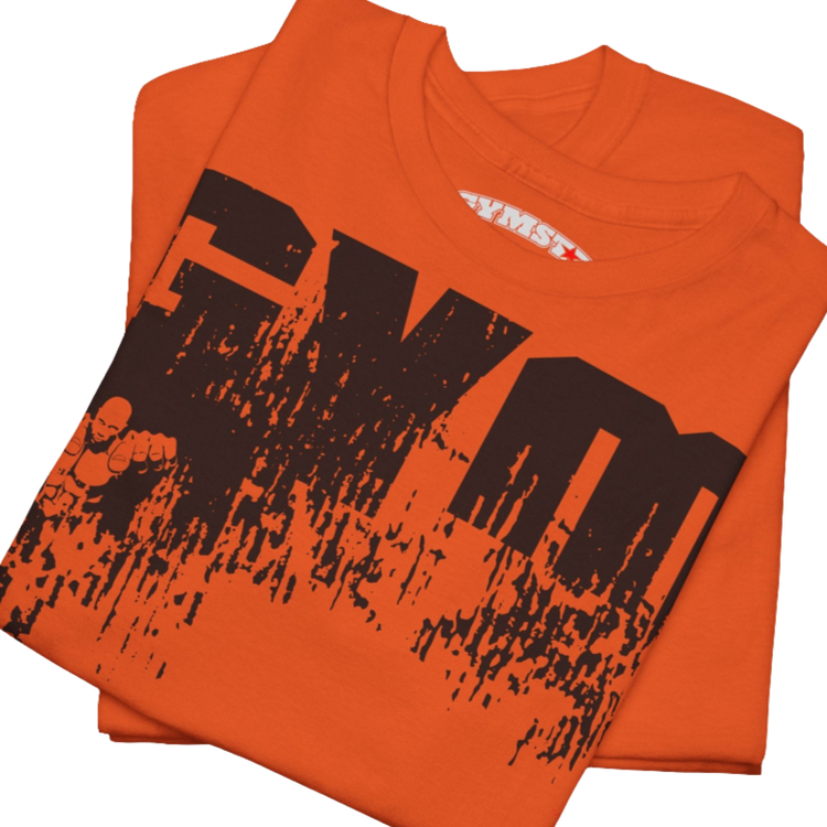 A orange Gymstar workout t-shirt with a black graphic that reads 'GYM i want you', and logo, presumably bodybulding or fitness. Close up view.