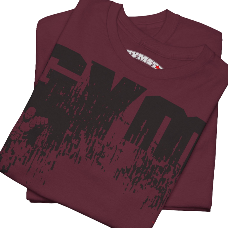 A ruby Gymstar workout t-shirt with a black graphic that reads 'GYM i want you', and logo, presumably bodybulding or fitness. Close up view.