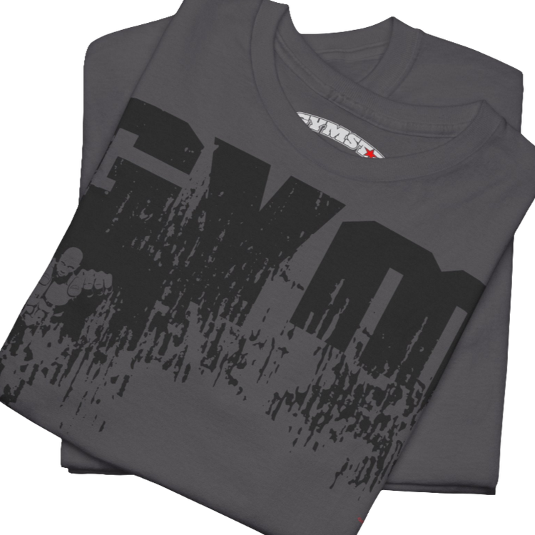 A sport grey Gymstar workout t-shirt with a black graphic that reads 'GYM i want you', and logo, presumably bodybulding or fitness. Close up view.